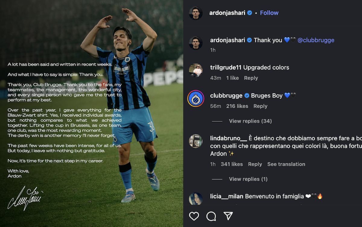 ‘Waktunya untuk langkah selanjutnya dalam karier saya’ – Jashari berterima kasih kepada klub Brugge setelah minggu ‘intens’